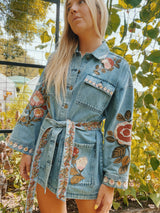 Wildflower Embroidered Denim Belted Jacket