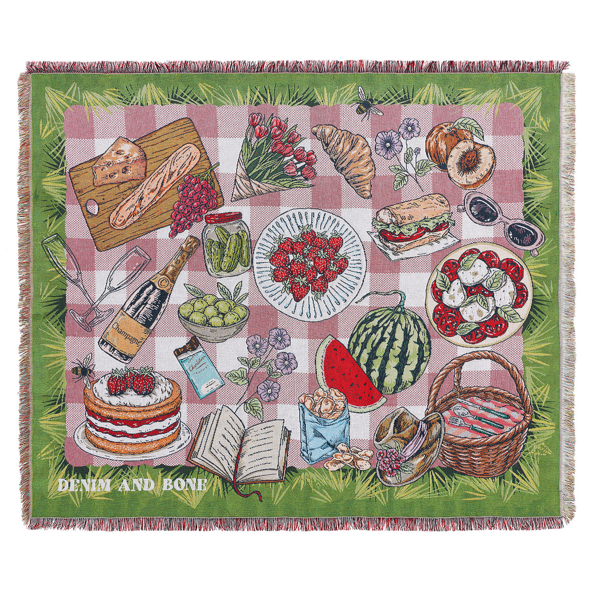 Woven picnic blanket featuring a pink gingham picnic design with food, flowers, and green botanical border.