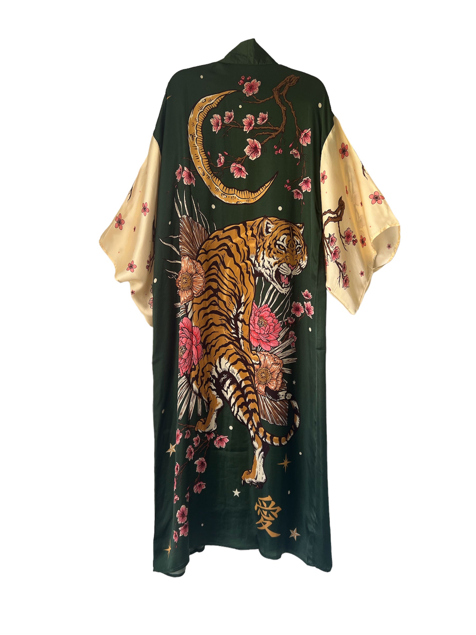 A long, forest green kimono with a large tiger print and bohemian floral patterns