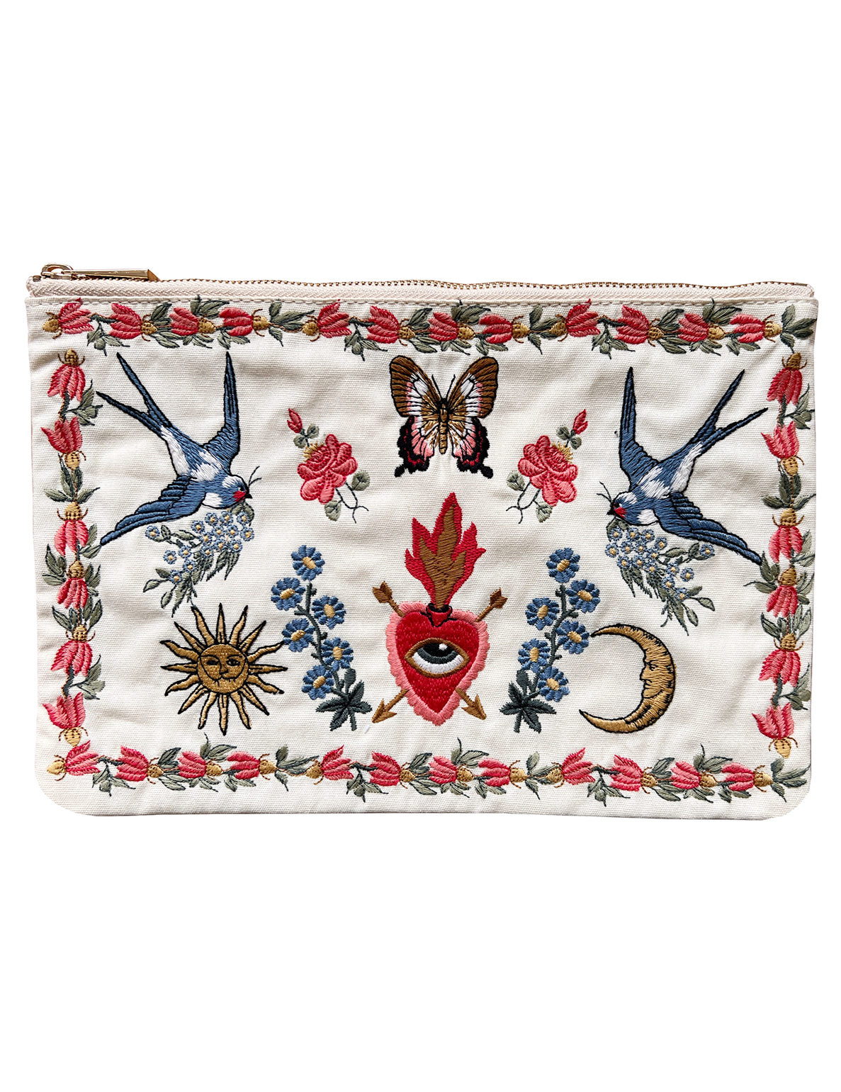 Cream zip pouch featuring embroidered swallows, florals, butterflies, a crescent moon, sun, and sacred heart motifs.