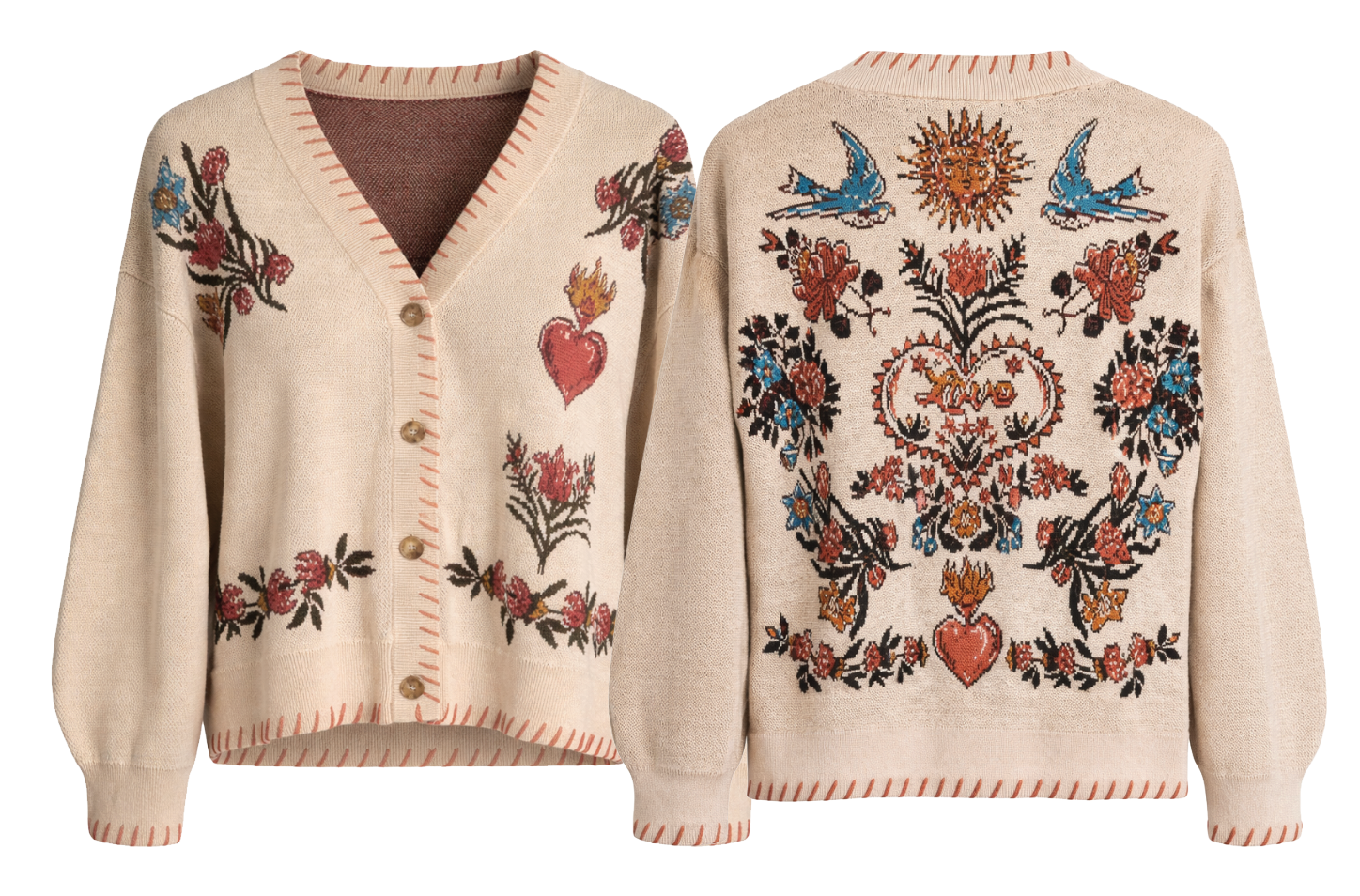 Beige cardigan with floral and heart designs on a white background
