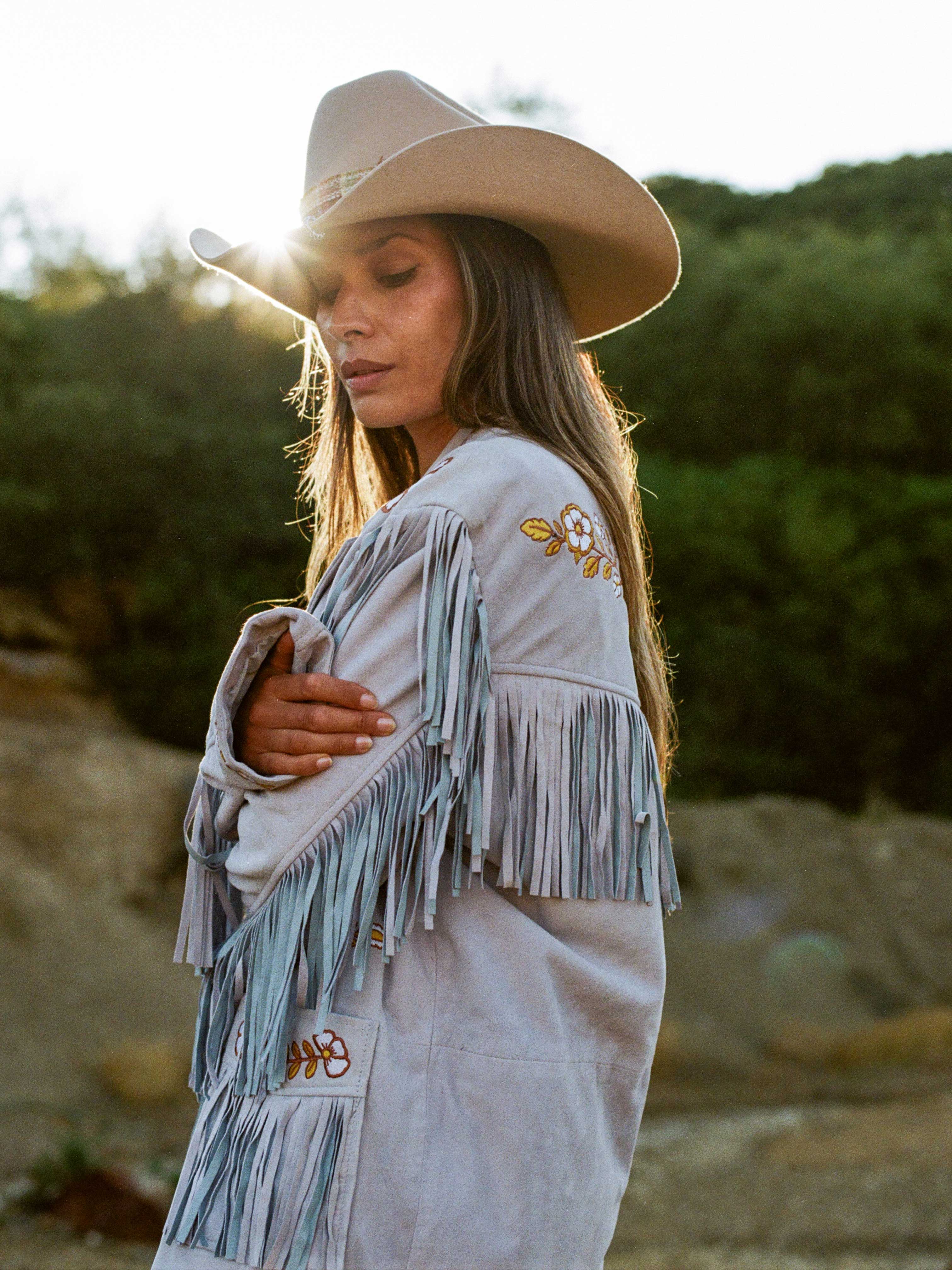 Canyon Bloom blue suede embroidered fringe jacket with Western floral detailing