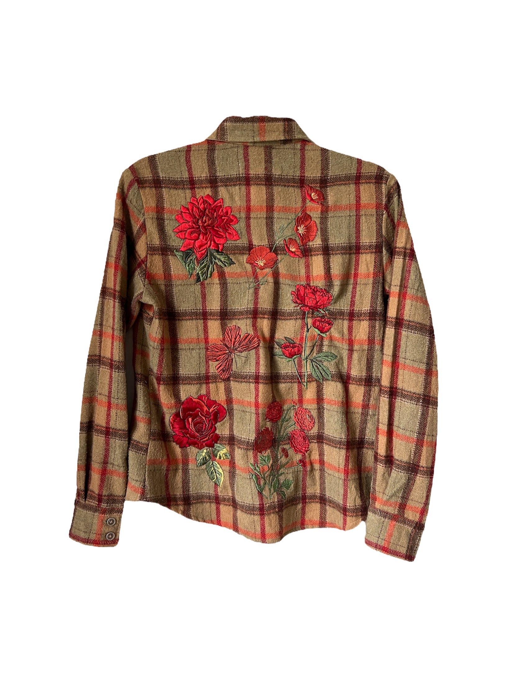 Tan plaid shirt with red floral embroidery on the back