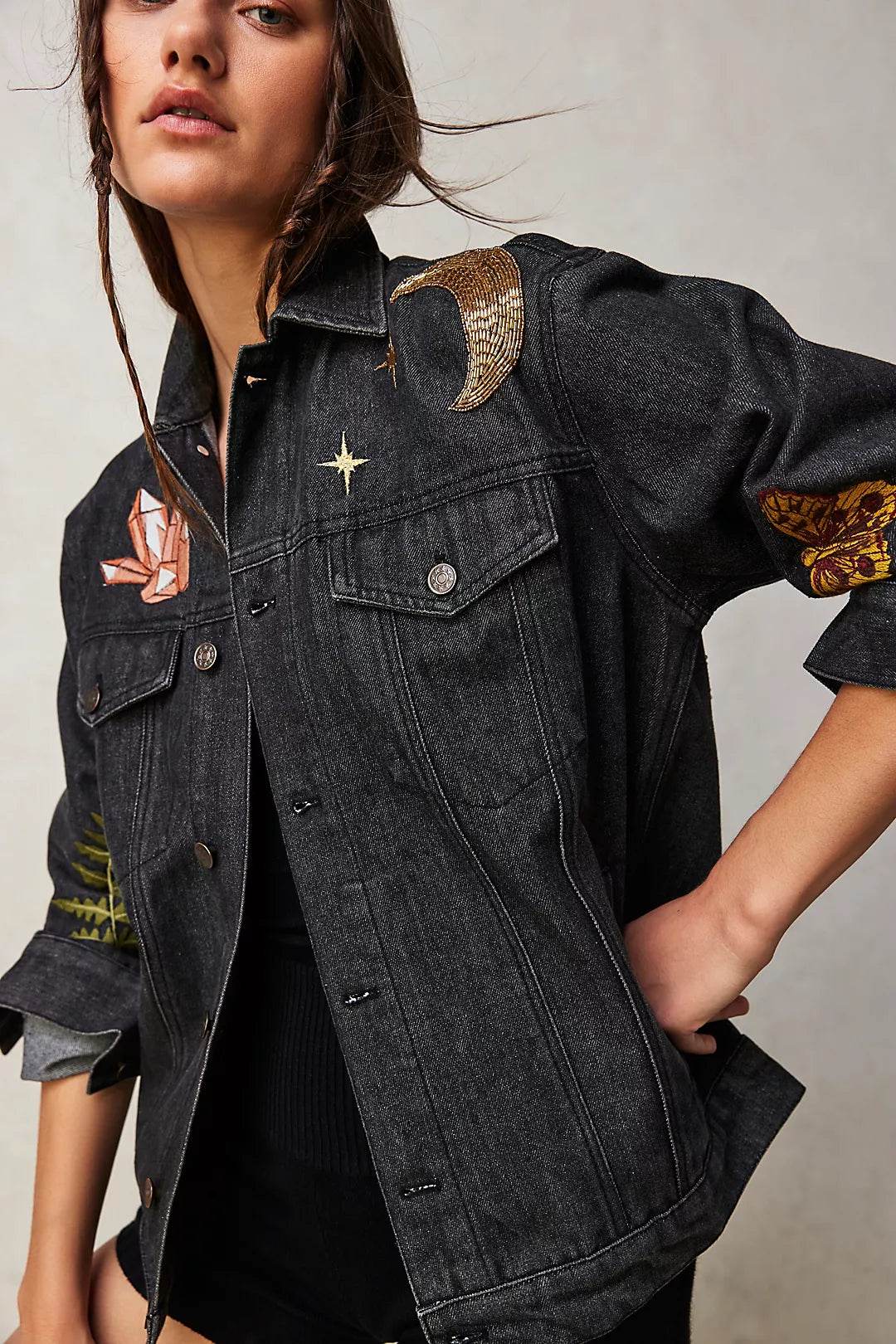 Mushroom and Moon Black Denim Jacket