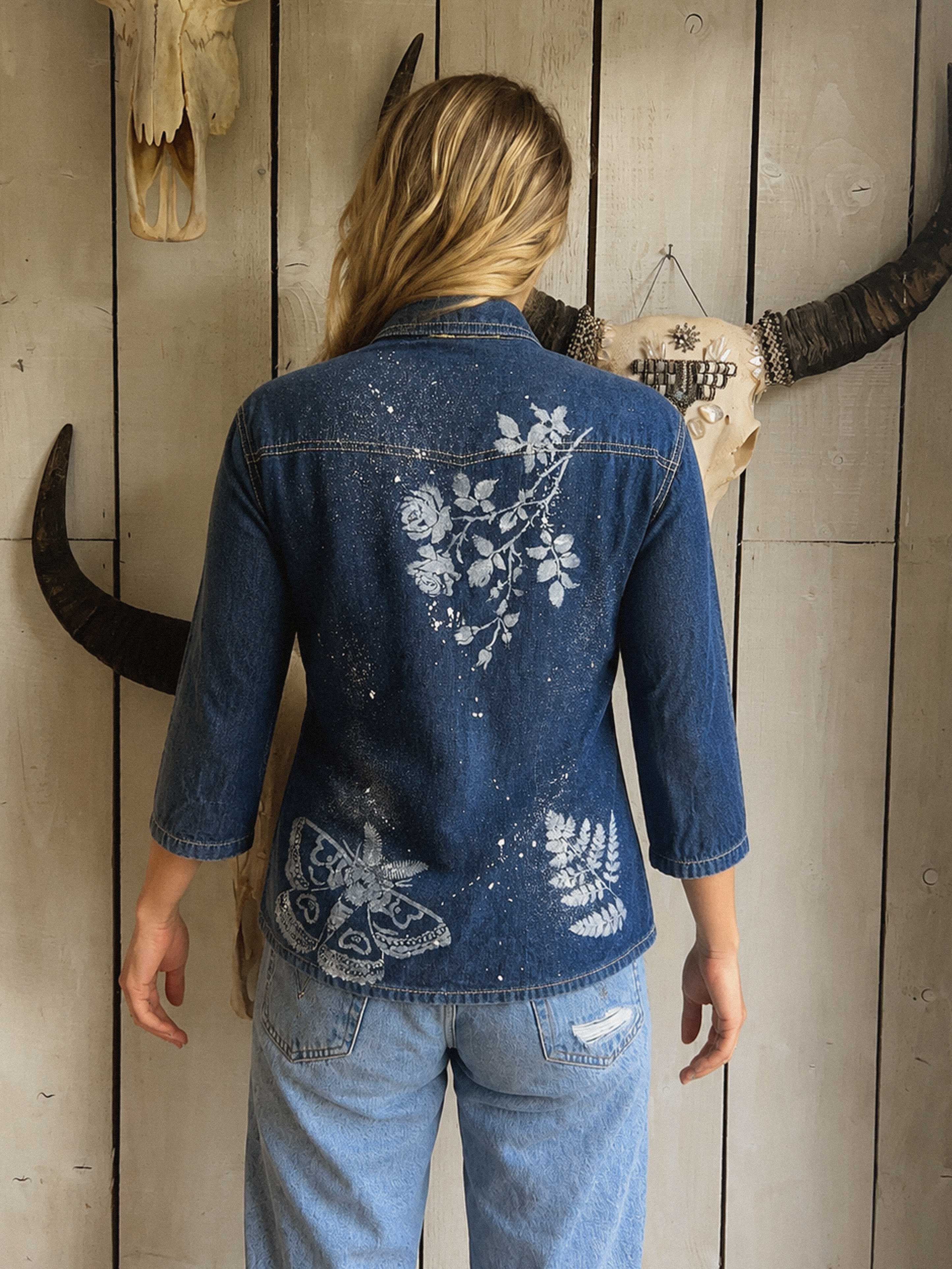 Back view of a person wearing a blue denim shirt with hand-painted white floral and butterfly artwork.
