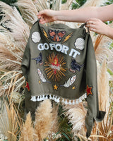 'Go For It' Cropped Embroidered Khaki Jacket