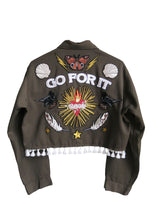 'Go For It' Cropped Embroidered Khaki Jacket