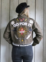 'Go For It' Cropped Embroidered Khaki Jacket