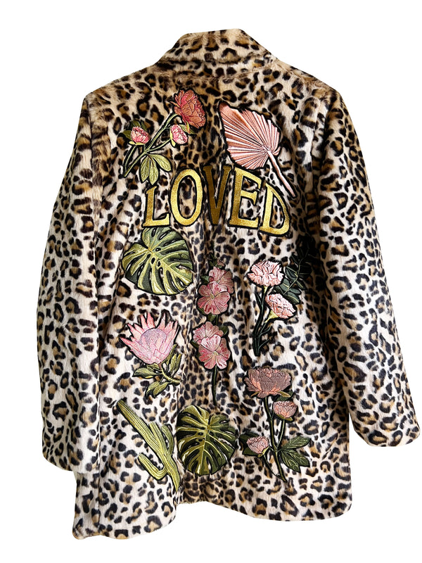 Boho Botanicals 'Loved' Embroidered, Leopard Print, Faux Fur Coat