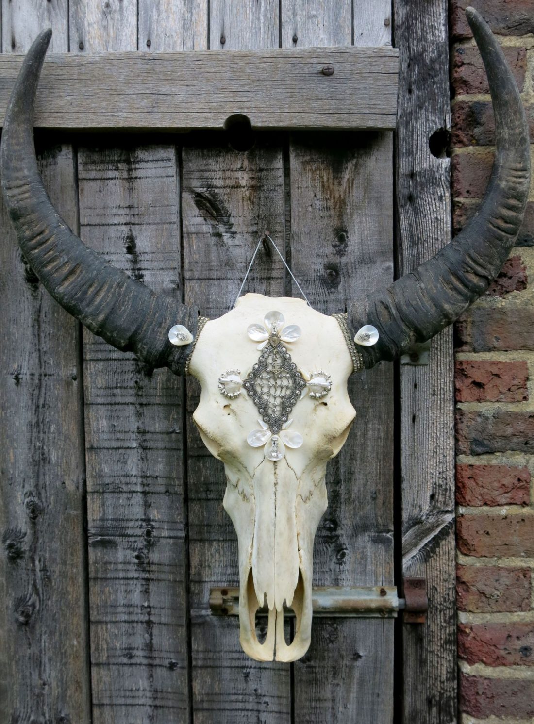 Handcrafted Thai buffalo skull wall hanging featuring black horns, silver beaded centerpiece, and freshwater pearl embellishments displayed on a weathered wooden door.