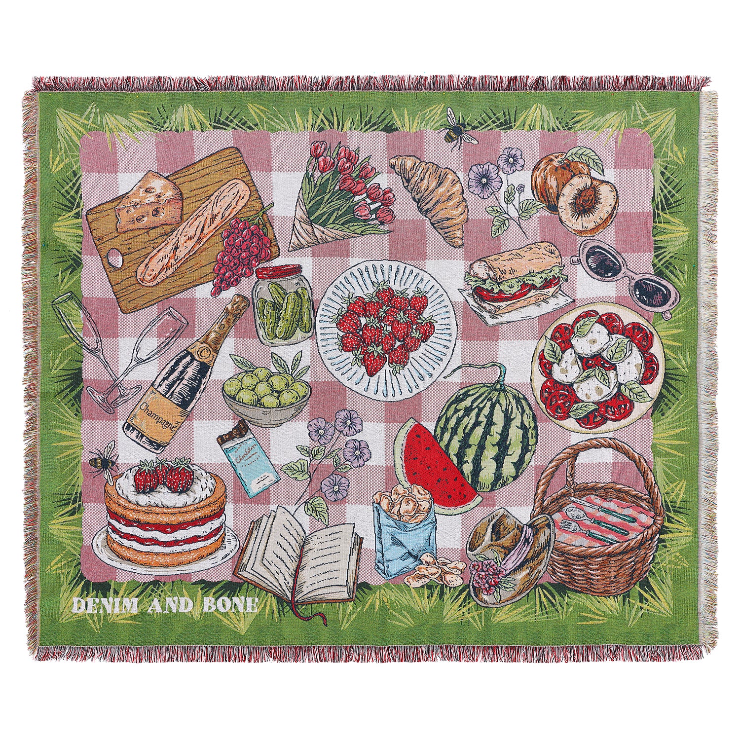 Woven picnic blanket featuring a pink gingham picnic design with food, flowers, and green botanical border.
