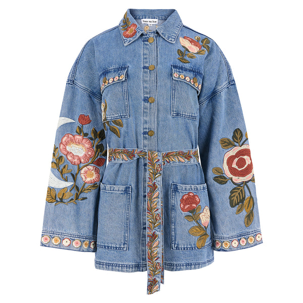 Wildflower Embroidered Denim Belted Jacket