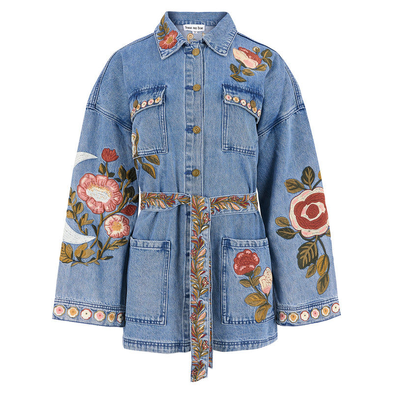 Wildflower Embroidered Denim Belted Jacket