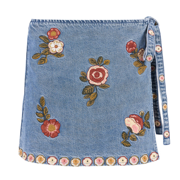 Wildflower Embroidered Denim Wrap Skirt