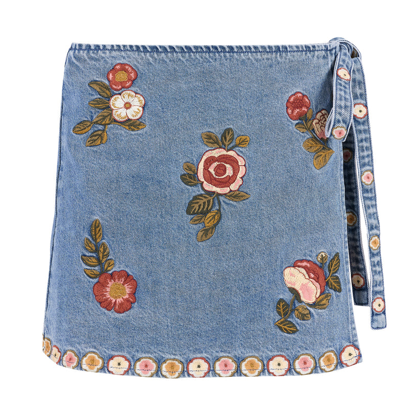 Wildflower Embroidered Denim Wrap Skirt