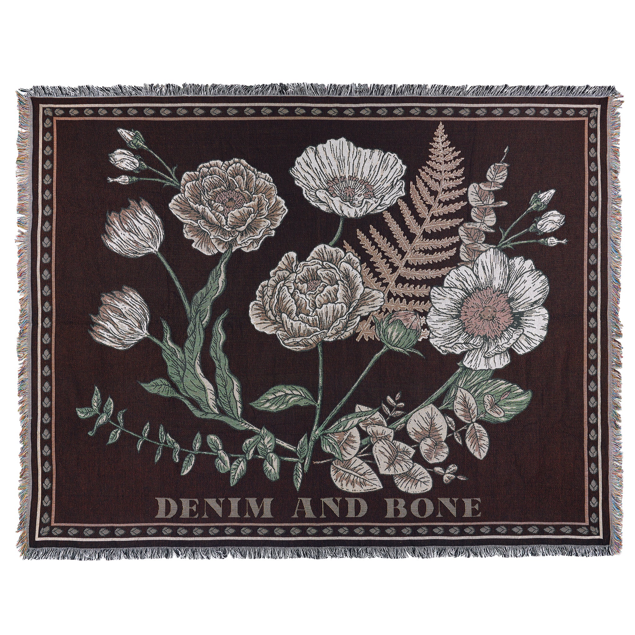 Dark floral woven throw blanket featuring vintage botanical flowers and fern illustrations.