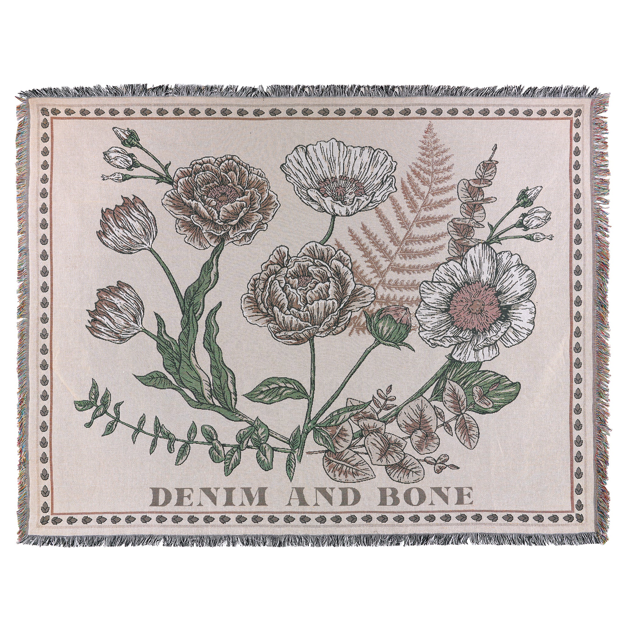 Light floral woven throw blanket featuring vintage botanical flowers and fern illustrations.