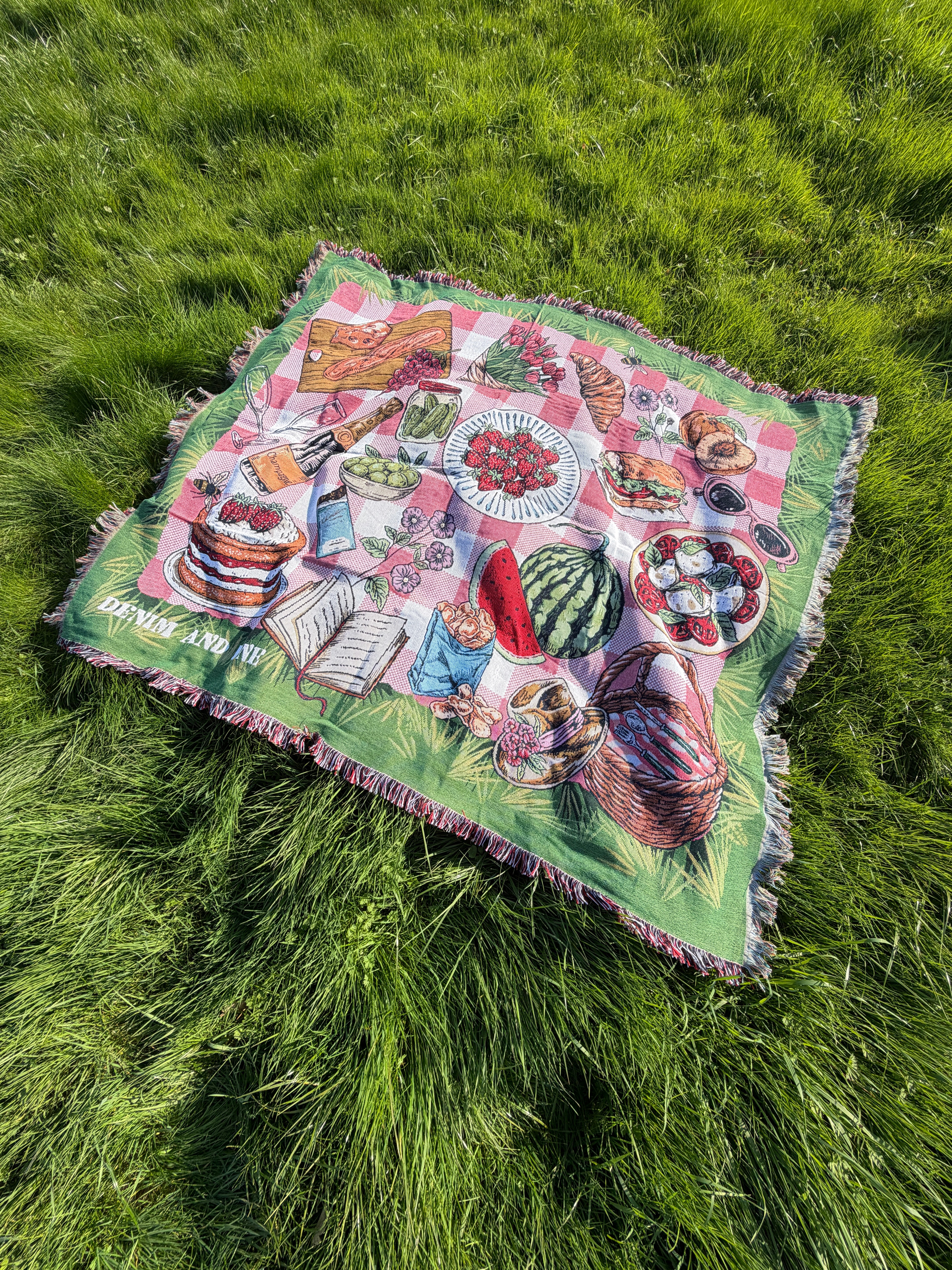 Woven picnic blanket with a pink gingham picnic design spread across lush green grass.