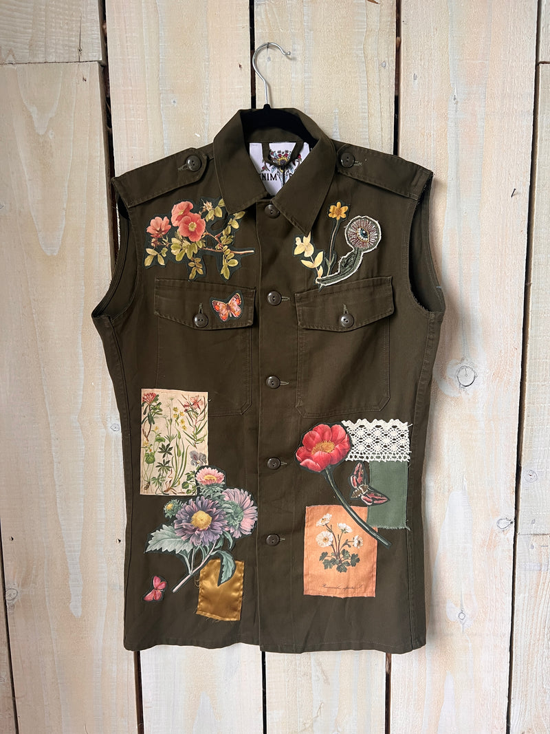 Patchwork Embroidered Sleeveless Khaki Jacket S/M