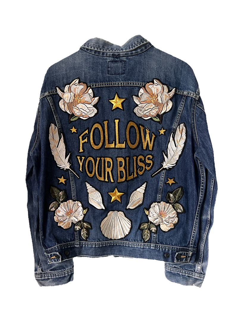 'Follow Your Bliss' Embroidered Denim Jacket - XL