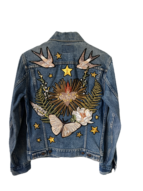 Milagros Heart, White Botanical Denim Jacket - S/M