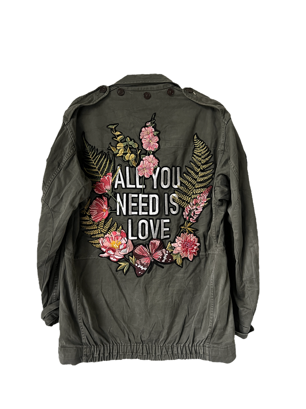 'All You Need Is Love' Pink Boho Embroidered Army Jacket M