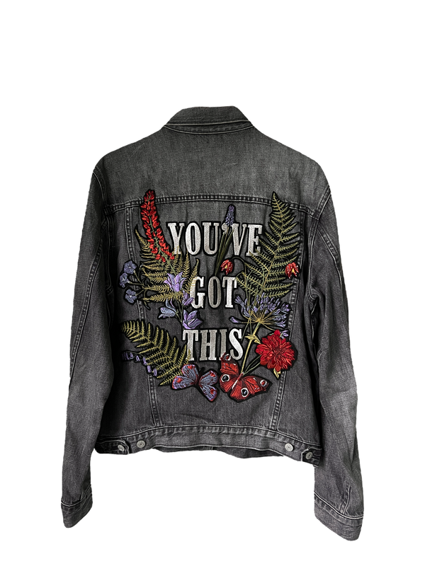 'You've Got This' Embroidered Black Denim Jacket - L