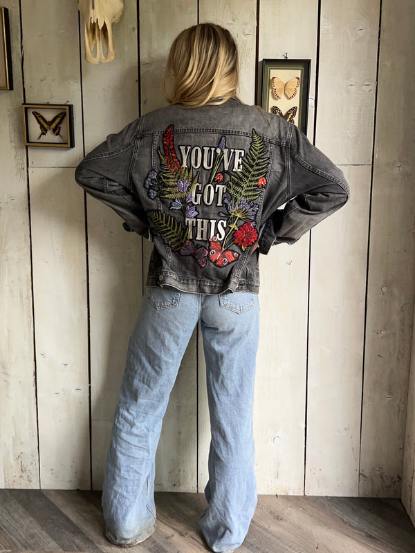 'You've Got This' Embroidered Black Denim Jacket - L