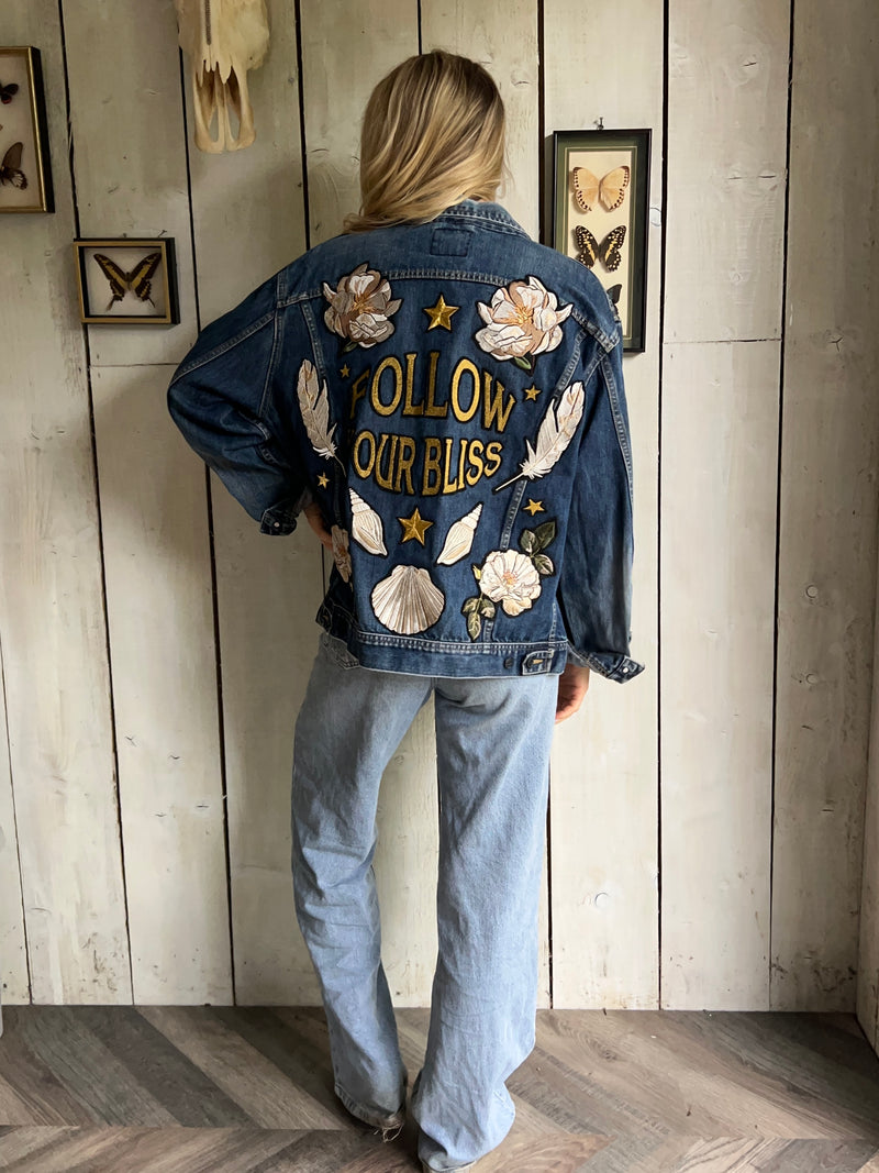 'Follow Your Bliss' Embroidered Denim Jacket - XL