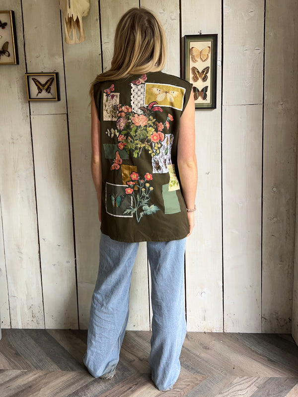 Patchwork Embroidered Sleeveless Khaki Jacket S/M