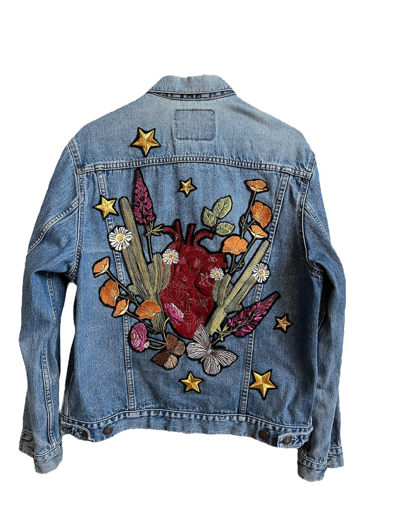 Mexican Inspired Embroidered Denim Jacket Large