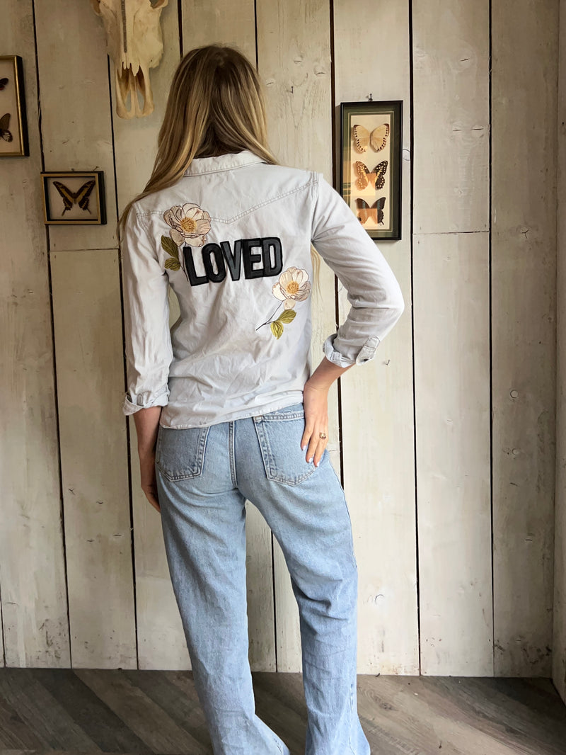 ‘Loved’ Embroidered Denim Shirt XS