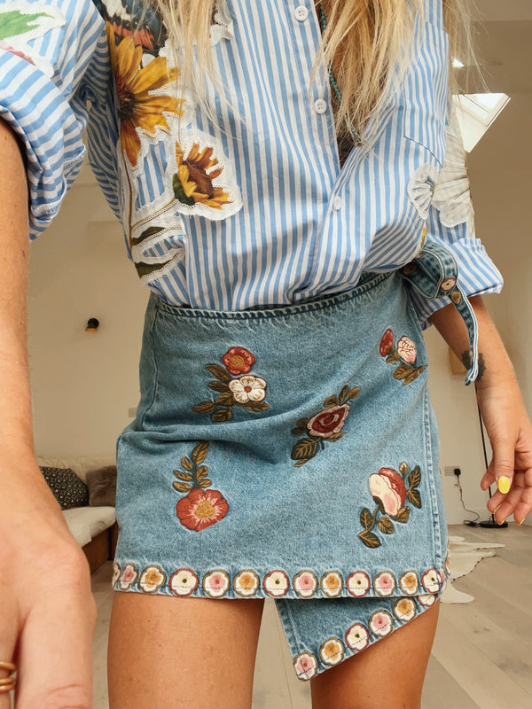 Wildflower Embroidered Denim Wrap Skirt