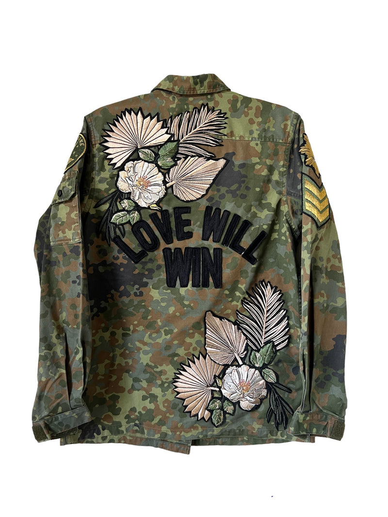 'Love Will Win' Embroidered Boho Camo Jacket XS