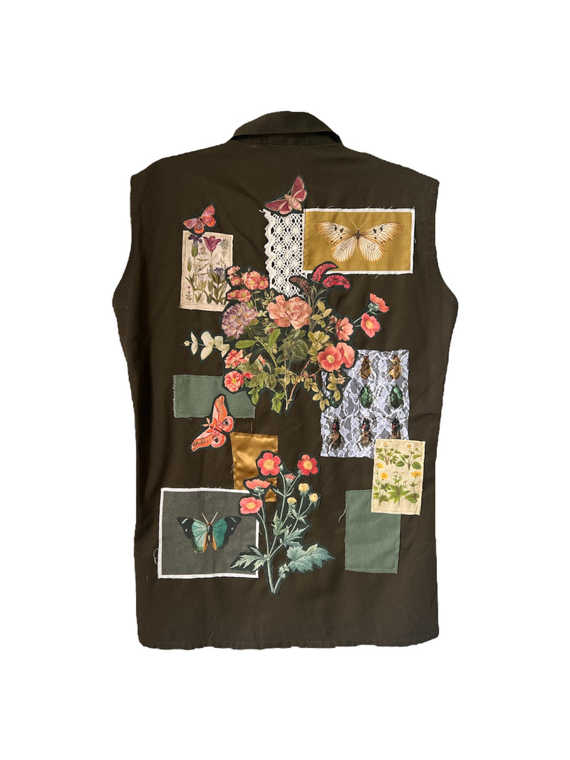 Patchwork Embroidered Sleeveless Khaki Jacket S/M