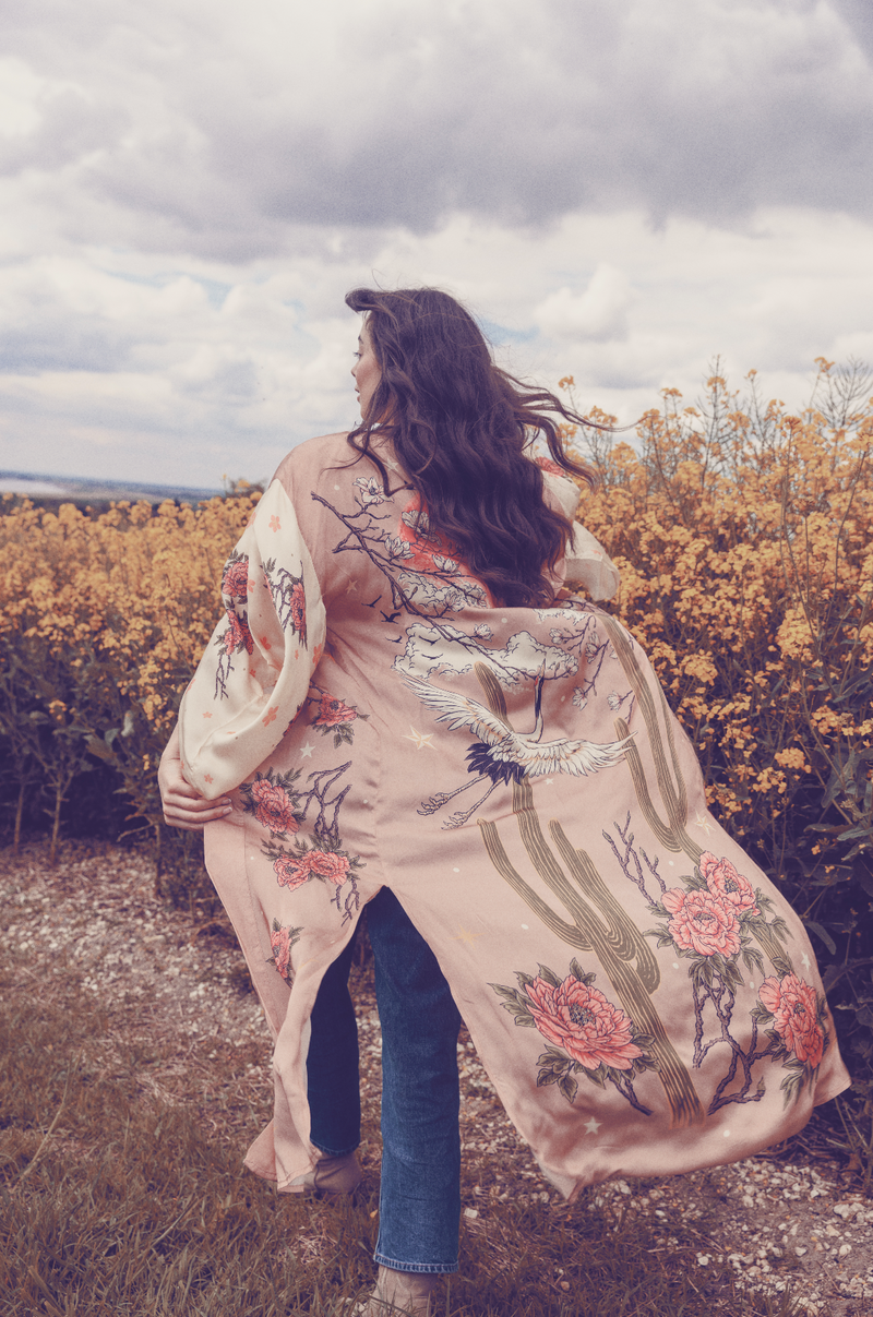 The Moonlit Crane and Cactus Kimono - Pink