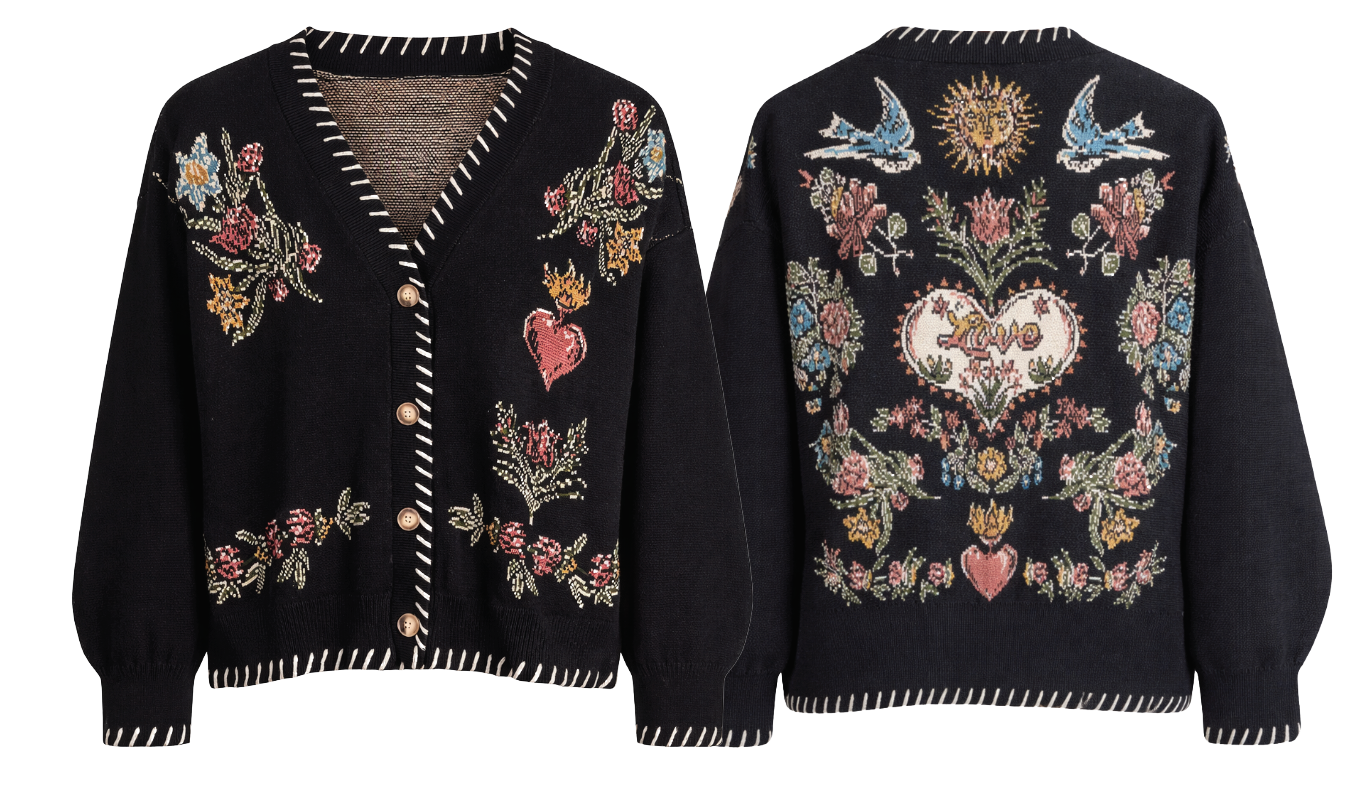 Black cardigan with floral and heart designs on a white background