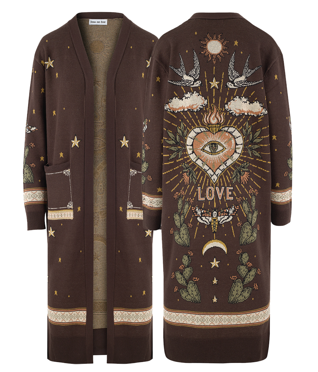 Front and back views of a long brown knit cardigan featuring celestial-inspired knit artwork with stars, cacti, swallows, clouds, a sacred heart with an eye, and the word "LOVE" on the back.