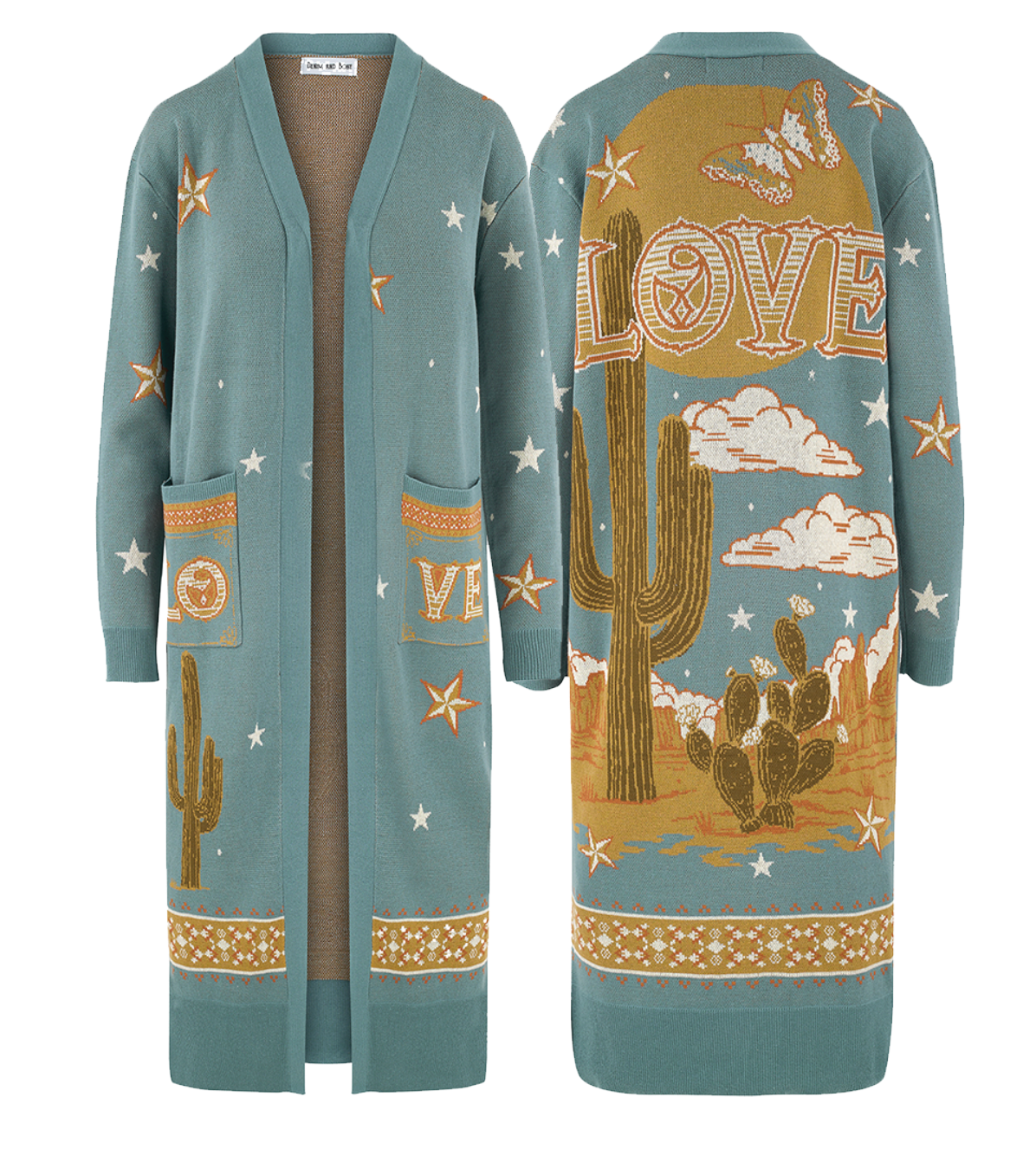 Front and back views of a teal long knit cardigan featuring western-inspired knit artwork with stars, cacti, clouds, butterflies, and a large "LOVE" design across the back.