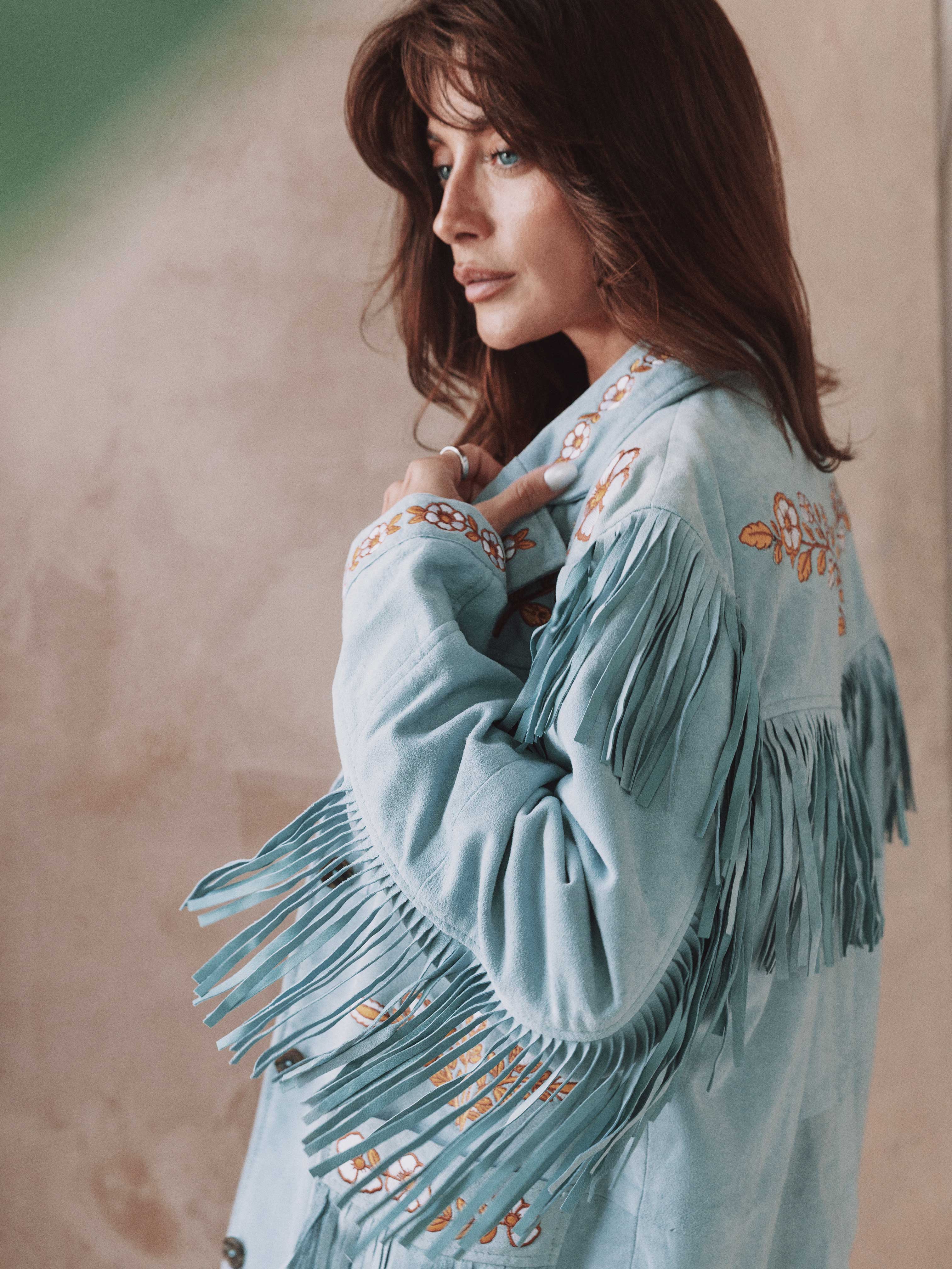 Canyon Bloom boho suede jacket with floral embroidery and long Western fringing