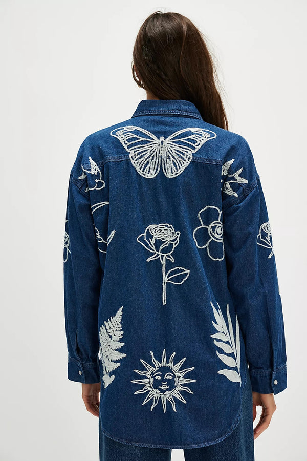 Boho Motif Embroidered Denim Shirt