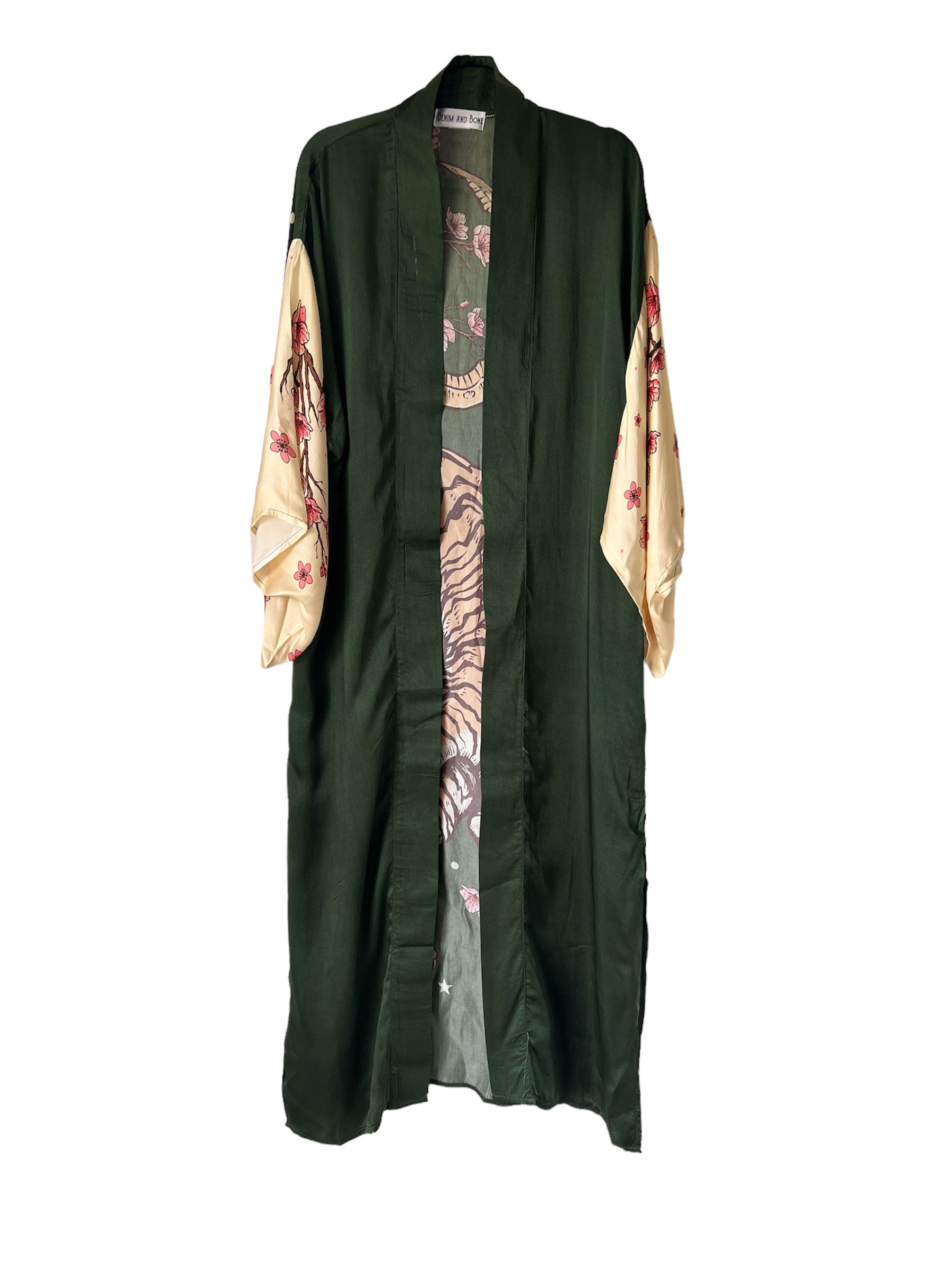 A long, forest green kimono