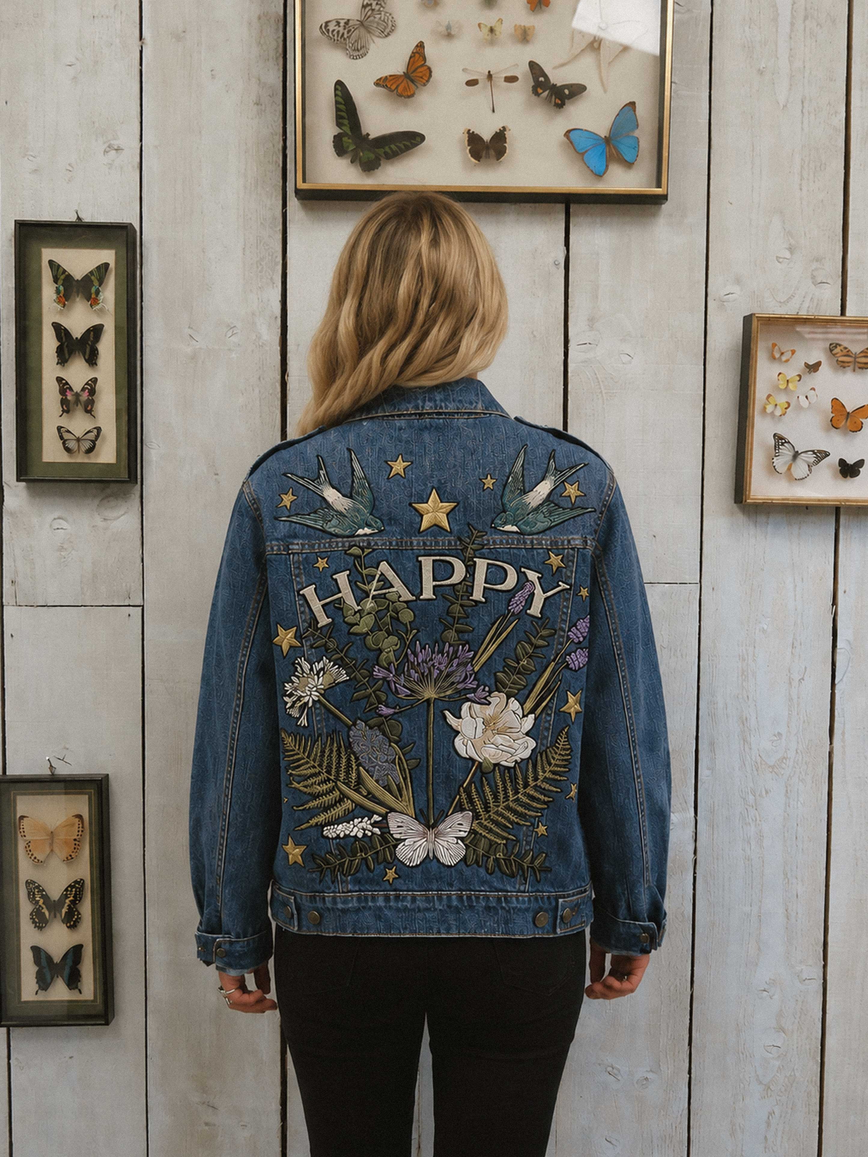 Blue denim jacket with "HAPPY" embroidered back design, floral embroidery, and butterfly details, shown from the back.