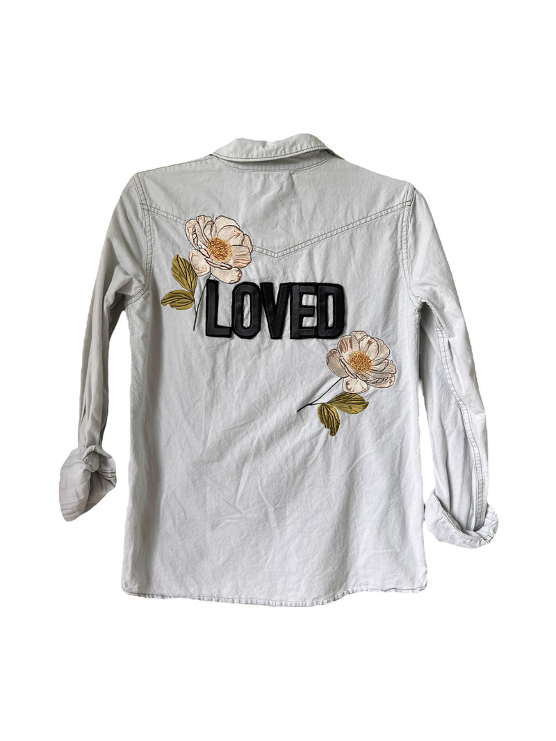 ‘Loved’ Embroidered Denim Shirt XS