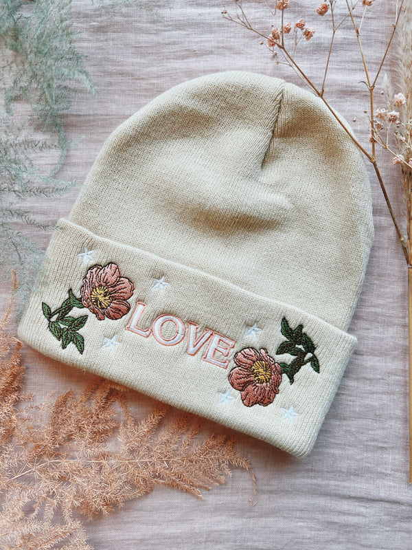 'Love' Peony Embroidered Beanie