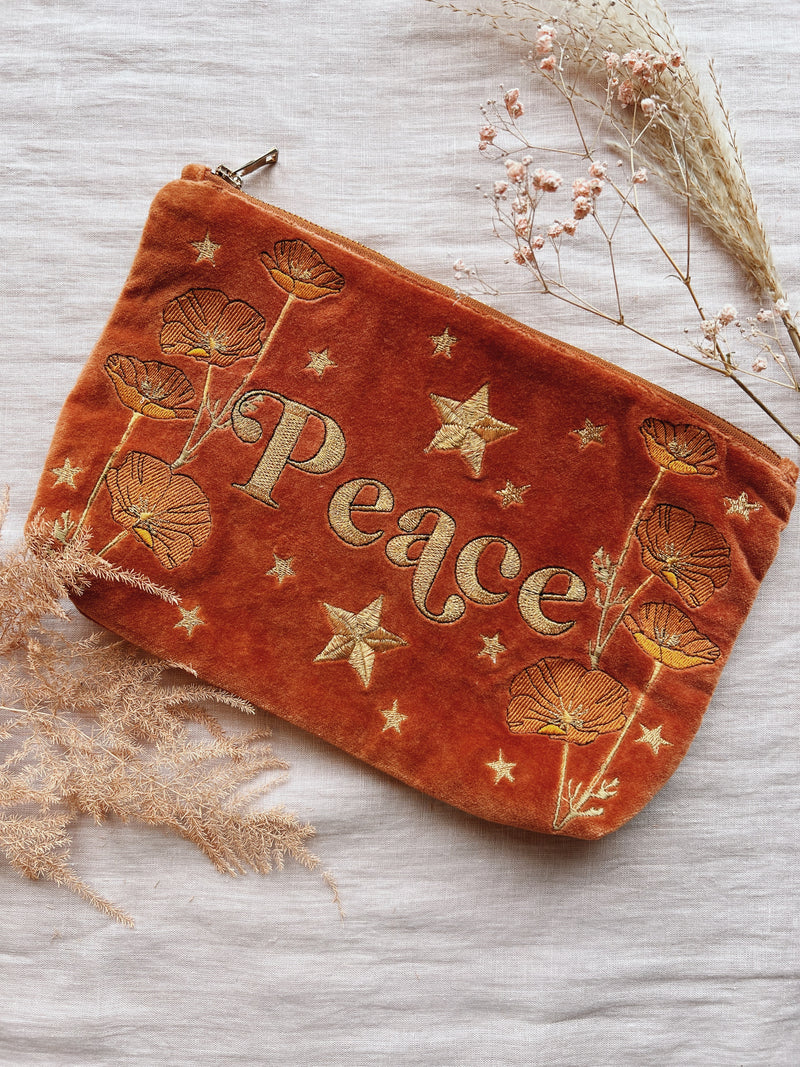 'Peace' Poppies Embroidered Velvet Pouch