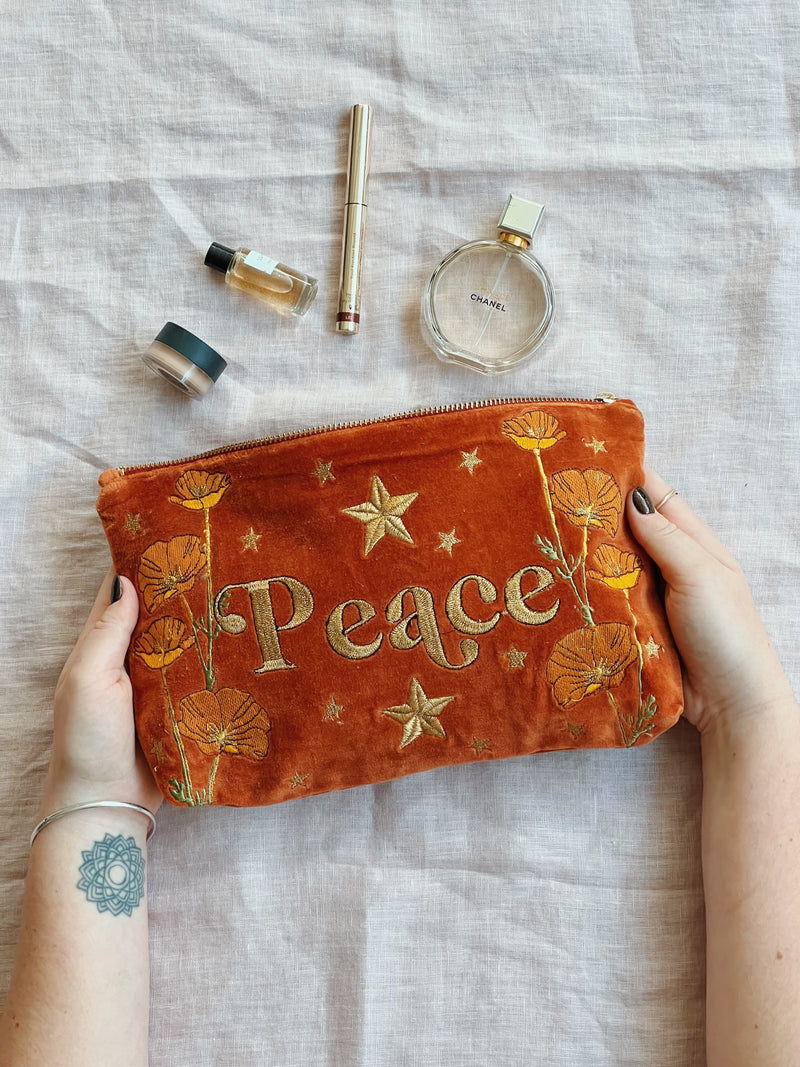 'Peace' Poppies Embroidered Velvet Pouch