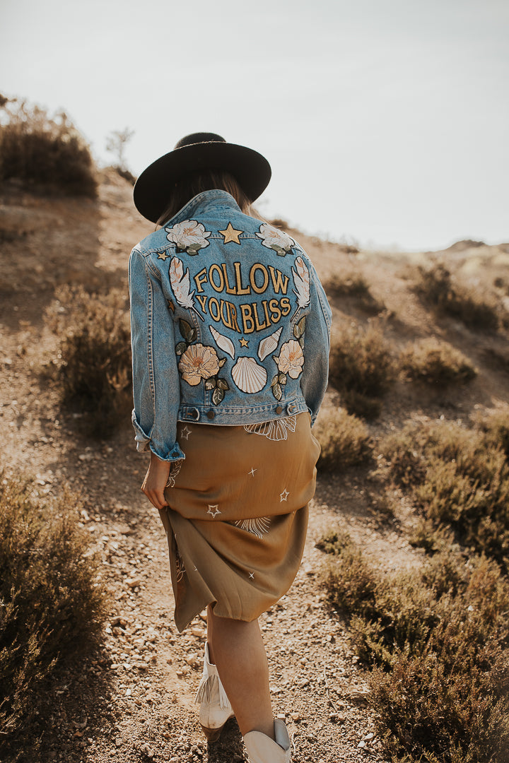 'Follow Your Bliss' Embroidered Denim Jacket