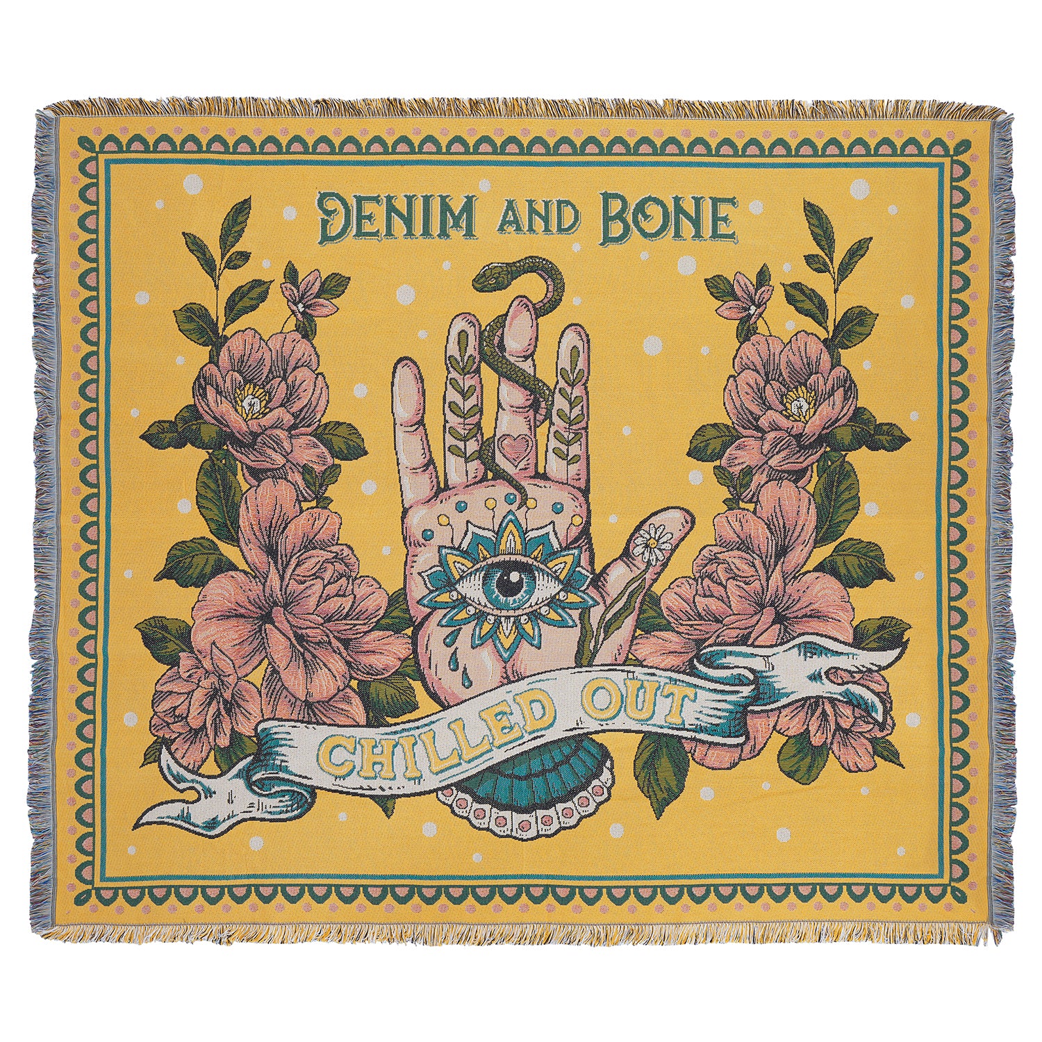 Yellow woven throw blanket featuring a mystical hand, evil eye, pink flowers, and "Chilled Out" artwork.