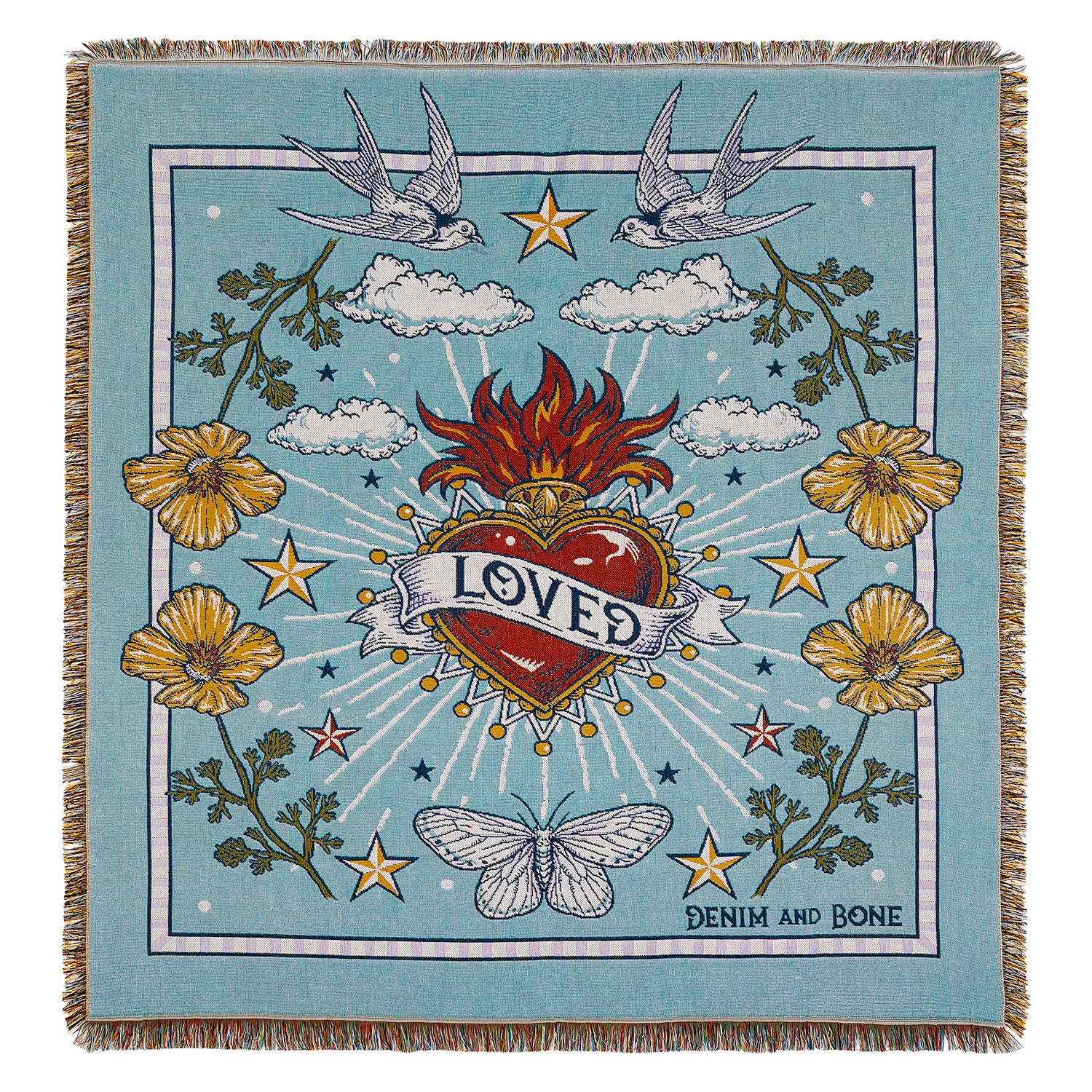 Light blue woven throw blanket featuring a "Loved" heart design with swallows, wildflowers, moths, stars, and clouds.